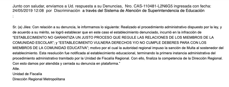 Imagen del correo enviado por la la Superintendencia de Educación, donde anuncian las sanciones al Liceo.